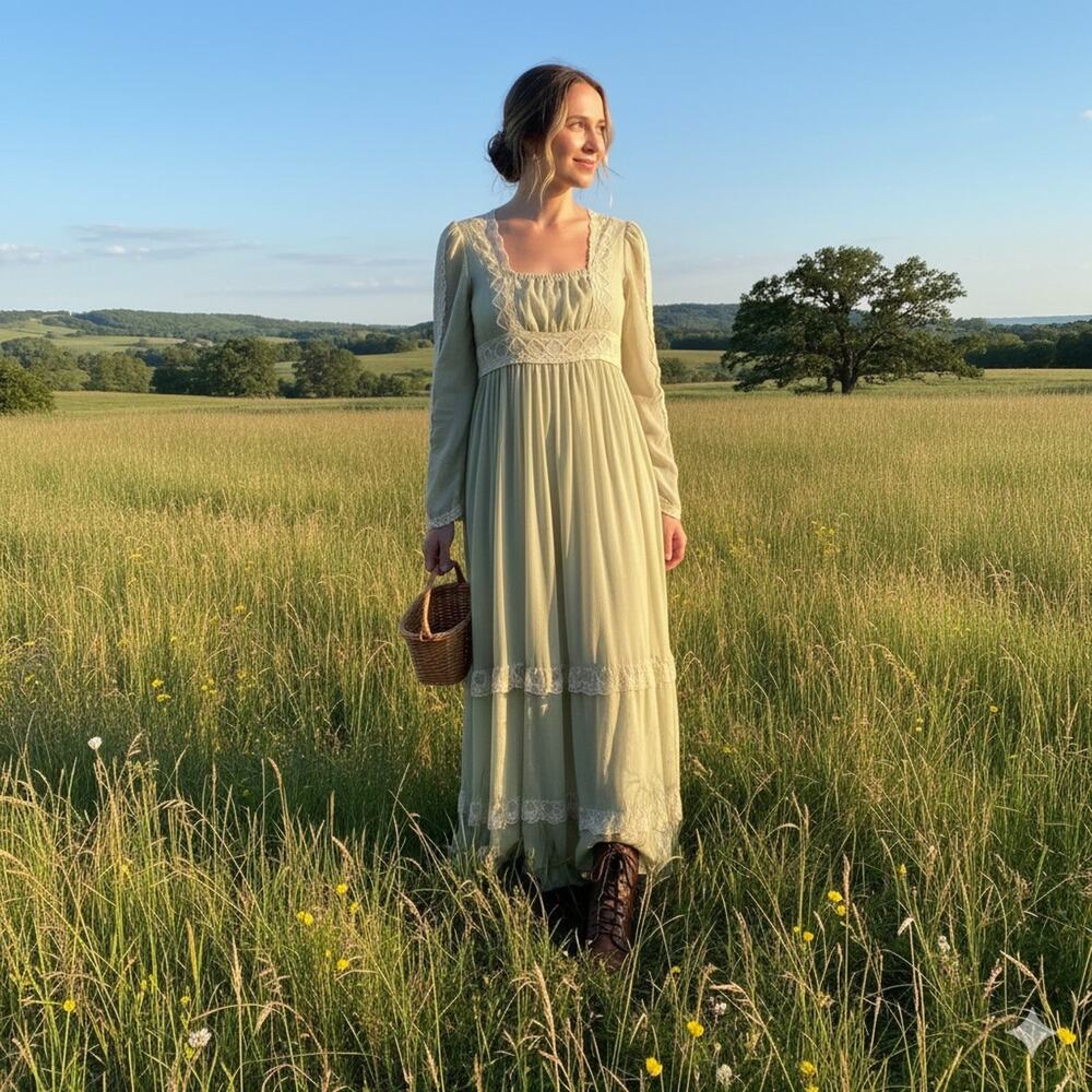 Vintage Peasant Dress Women XS Green Prairie Cottagecore Jessica Gunne Sax